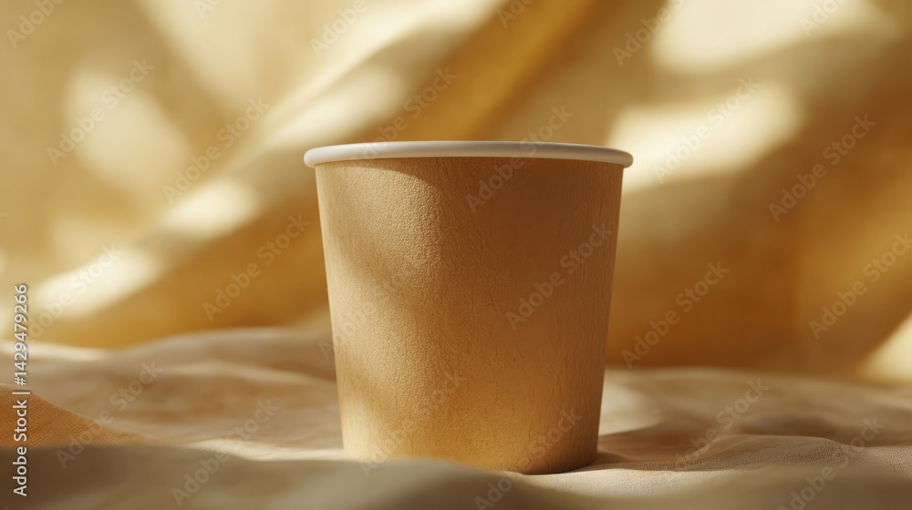 Brown Paper Coffee Cup on Beige Fabric Background Brown Paper Coffee Cup on Beige Fabric Background