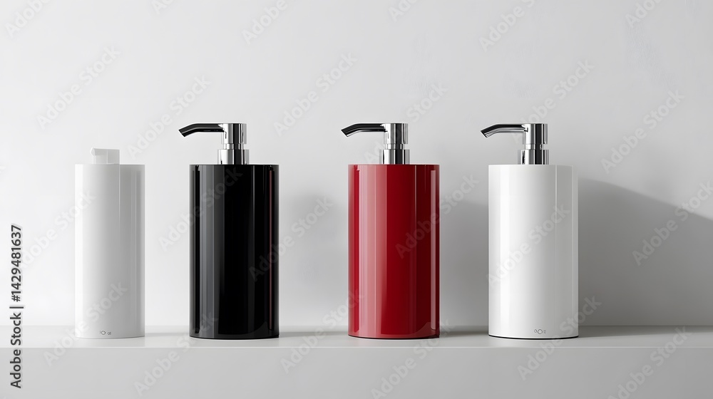 Modern Soap Dispensers on Shelf. Modern Soap Dispensers on Shelf.