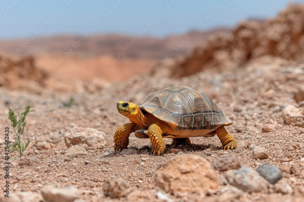 Obraz premium Desert tortoise explores the arid landscape under bright sunlight in a serene desert environment