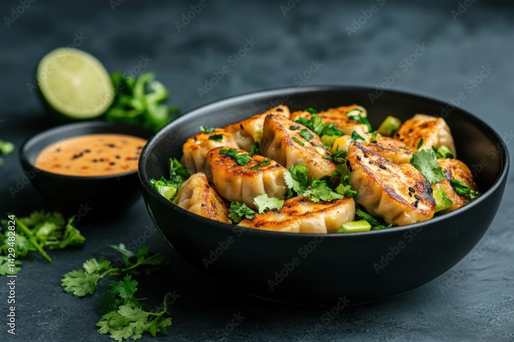 Savory dumplings served in a black bowl with cilantro and lime on a textured surface Savory dumplings served in a black bowl with cilantro and lime on a textured surface