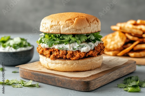 Wallpaper Mural Delicious spicy chicken sandwich with fresh herbs and creamy sauce on a wooden board Torontodigital.ca