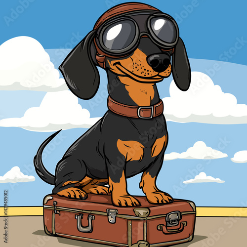 Cartoon vector illustration of a Dachshund with a leather flight helmet and goggles perched on a suitcase at an airstrip with soft clouds behind