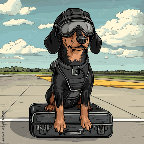 Cartoon vector illustration of a Dachshund with a leather flight helmet and goggles perched on a suitcase at an airstrip with soft clouds behind