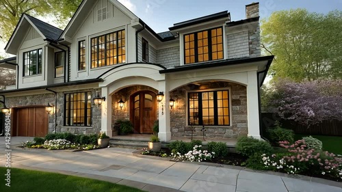 Elegant suburban home with landscaped garden at dusk