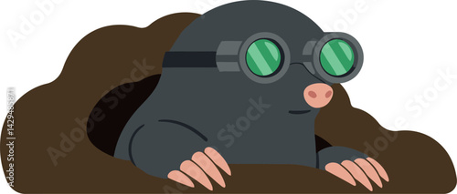 Mole wearing green goggles peeking out of brown burrow cartoon vector illustration 