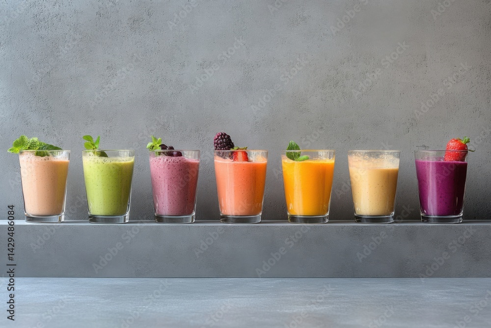 Colorful variety of smoothies display healthy ingredients in a modern setting during the day Colorful variety of smoothies display healthy ingredients in a modern setting during the day