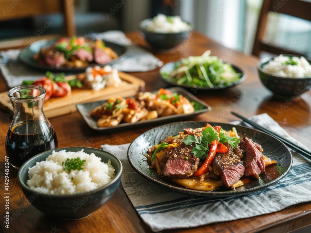 Delicious Asian-inspired dinner table with grilled steak, rice, and fresh vegetables served during evening gathering Delicious Asian-inspired dinner table with grilled steak, rice, and fresh vegetables served during evening gathering