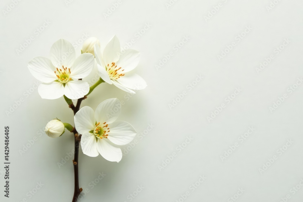 Obraz premium Delicate white flower blossoms against pure white backdrop, plant, background, nature