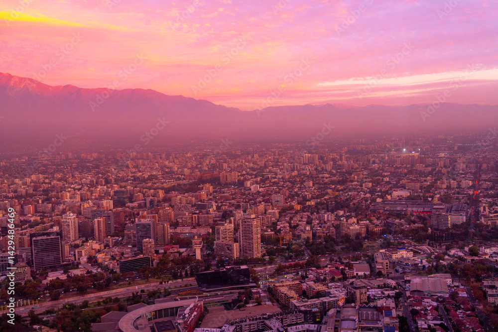 View of Chile's capital, Santiago, from above at sunset.
