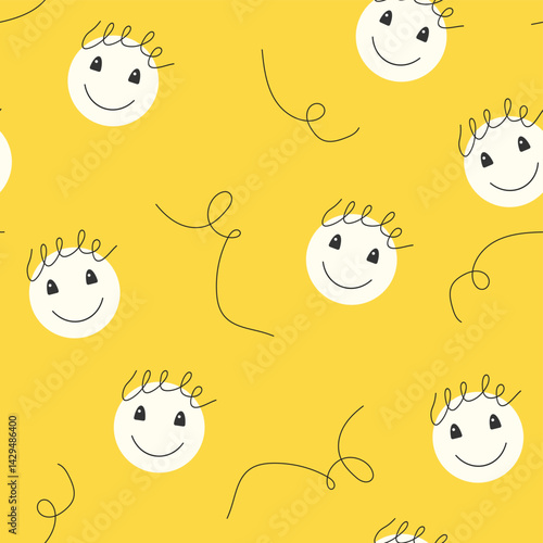 Joyful childish seamless pattern in naive doodle style with smiling faces and doodles for fabric, kids products, baby clothes, stationery, packaging, backgrounds, cheerful surface design, etc.