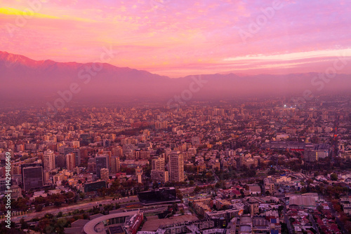 Obraz na płótnie View of Chile's capital, Santiago, from above at sunset. w salonie