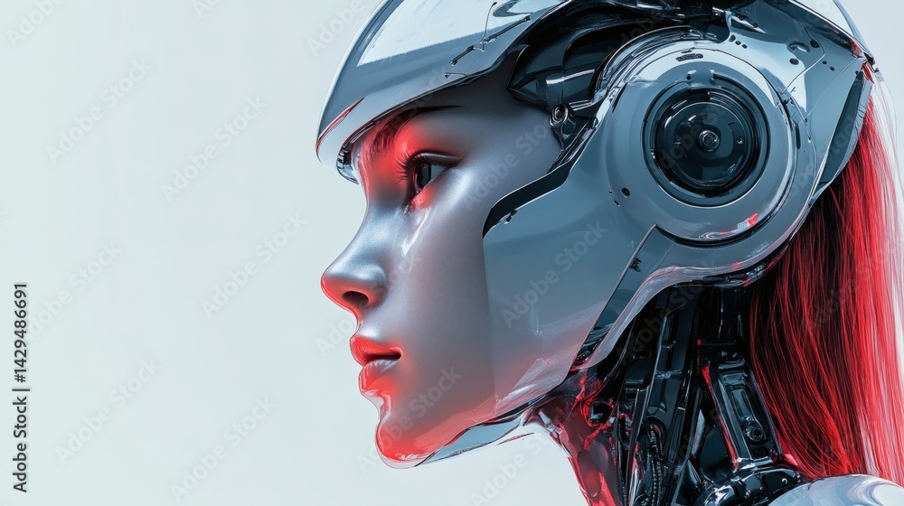 A striking portrait of a robotic woman with red hair, showcasing futuristic technology A striking portrait of a robotic woman with red hair, showcasing futuristic technology