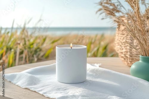 Relaxing candle on table with coastal backdrop during sunny day