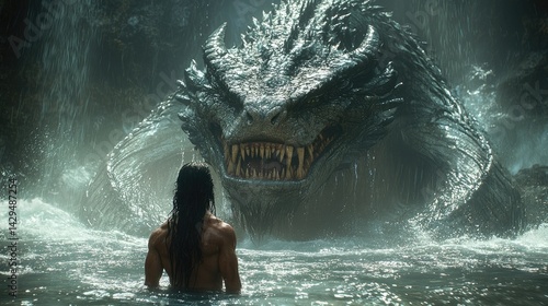 Man Confronts Imposing Dark Dragon in Waterfall