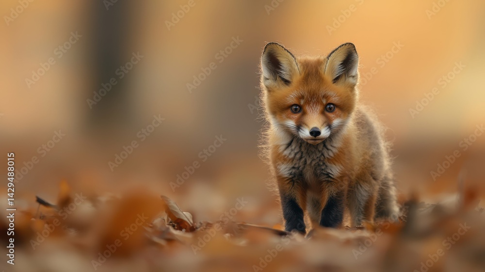 A small red fox is standing in the autumn leaves A small red fox is standing in the autumn leaves