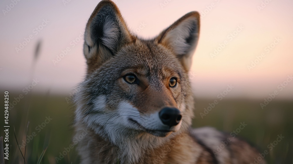 Fototapeta premium A coyote is standing in a field with a beautiful sunset in the background