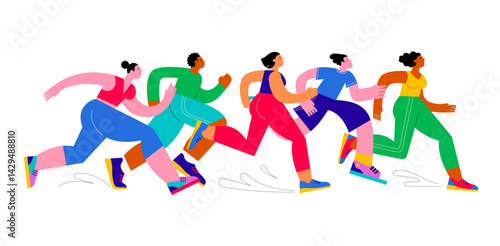 Abstract runners figures. Colorful illustration of group of people, men and women, running marathon together