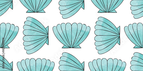 Blue Shells Pattern with Watercolor. Seamless print on white background. Seashell, mollusk, marine life. Sea, coast, beach decor. Underwater. Black outline and ocean texture. Color vector illustration