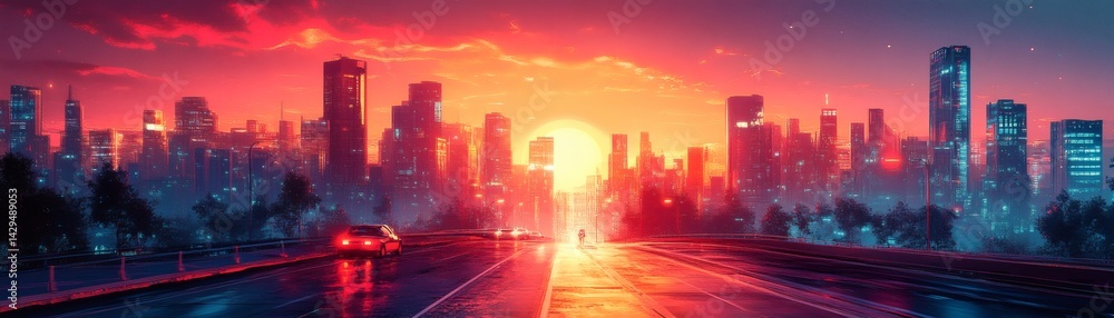 Obraz premium Sunset cityscape with a vibrant sky and modern buildings, evoking a sense of urban energy and the end of the day