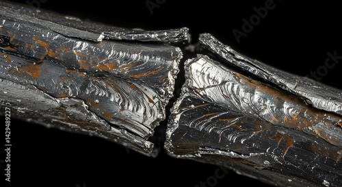 Metallurgical Failure Analysis Shows Fractured Metal Rod On Black Background