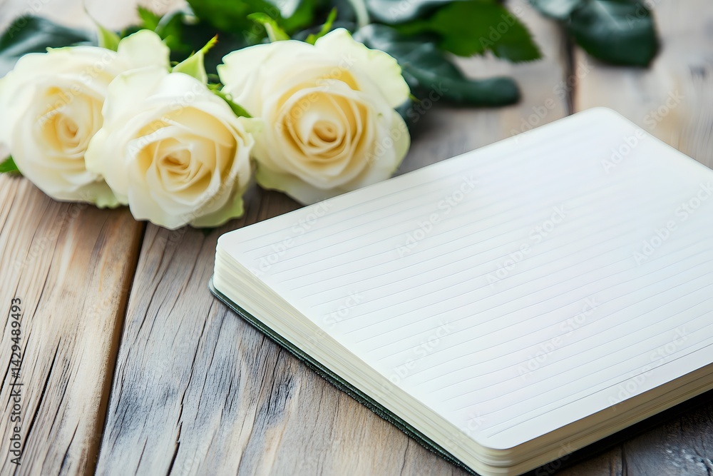 Obraz premium Elegant White Roses and Blank Notebook on Rustic Wood