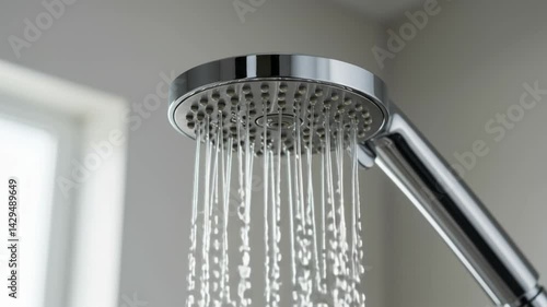 Showerhead releasing water in a modern bathroom setting  