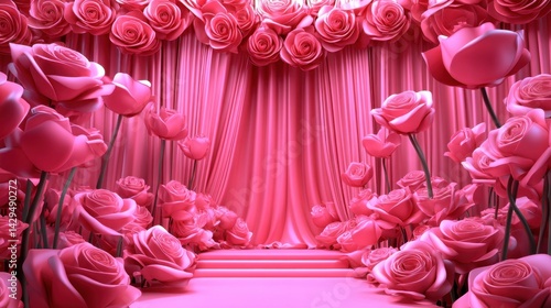 Elegant Pink Rose Flower Stage Backdrop with Draped Satin Curtains for Luxury Beauty Product Showcase or Romantic Wedding Event Background