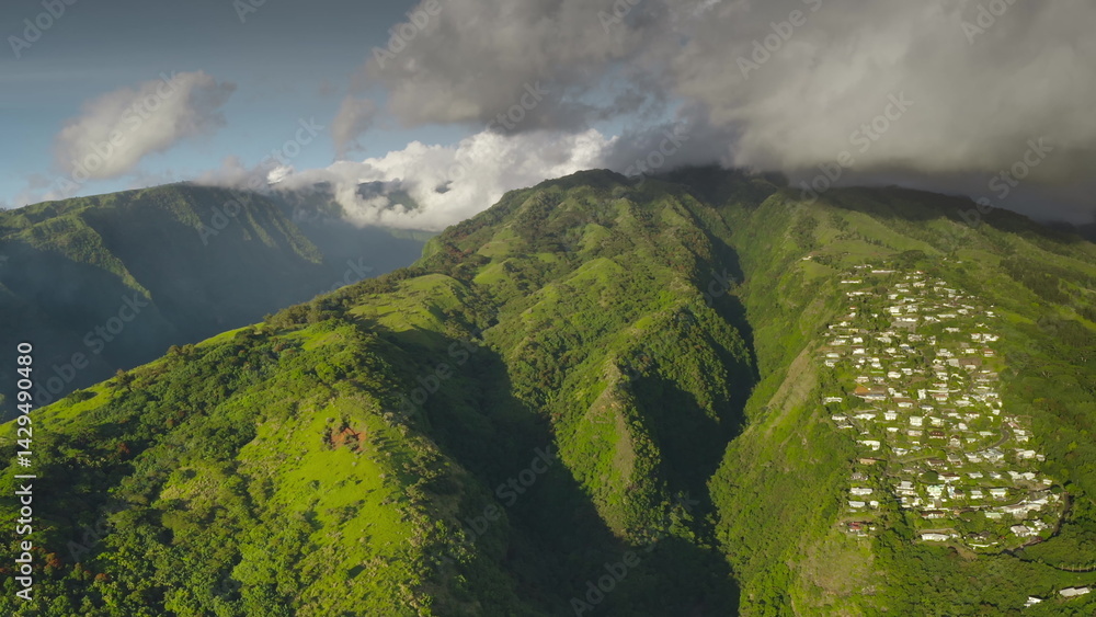 Aerial view of a tropical island with houses nestled on the slopes of a lush green mountain, showcasing the beauty of nature and human settlement. Remote wild nature paradise, exotic summer travel
