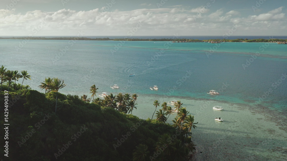 Several boats are sailing on crystal-clear turquoise water near a lush tropical island coastline, creating a picturesque scene of leisure and exploration in a serene paradise
