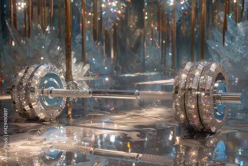 Luxurious barbell encrusted with diamonds and glitter stands in a shimmering crystal palace interior