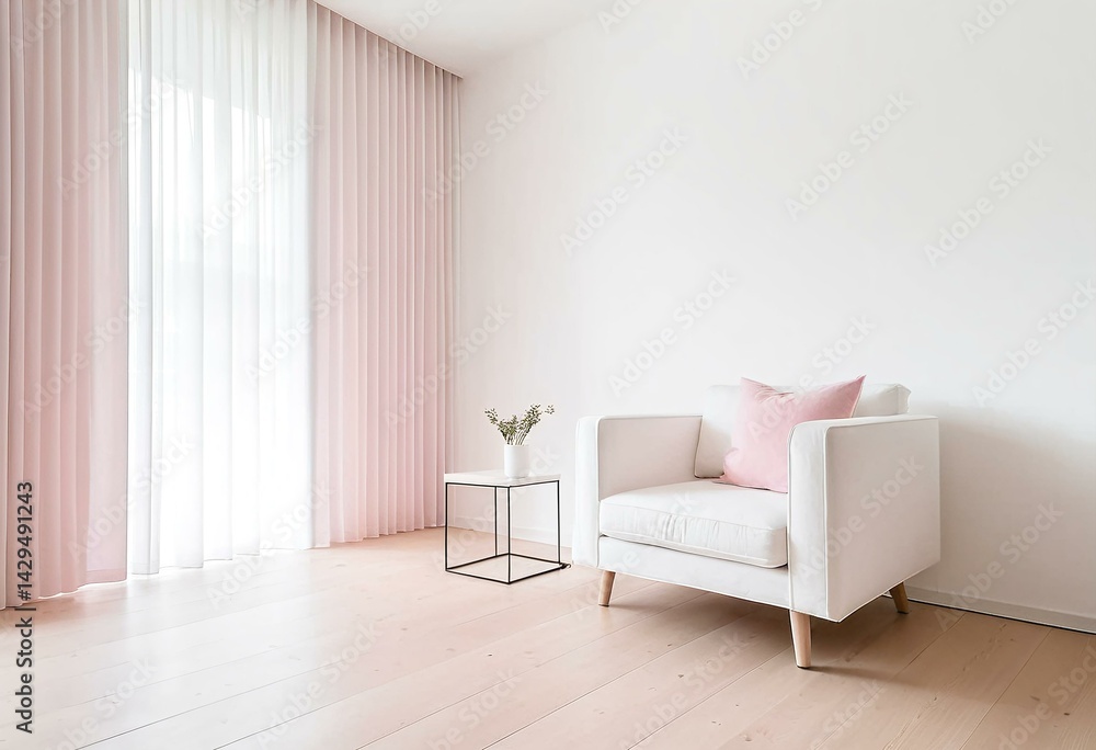 A white chair sitting in front of a window with pink curtains. A white chair sitting in front of a window with pink curtains.