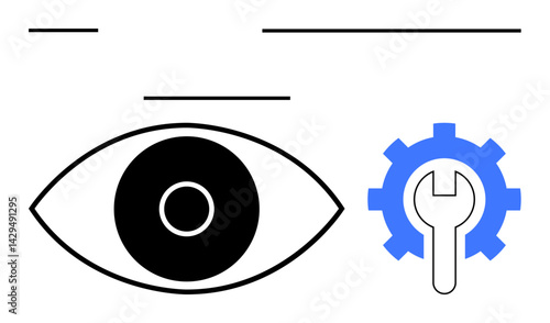 Eye with bold lines next to blue gear with wrench overlay. Ideal for vision, innovation, technology, engineering, design, optimization, and creative solutions. Perfect for a simple landing page