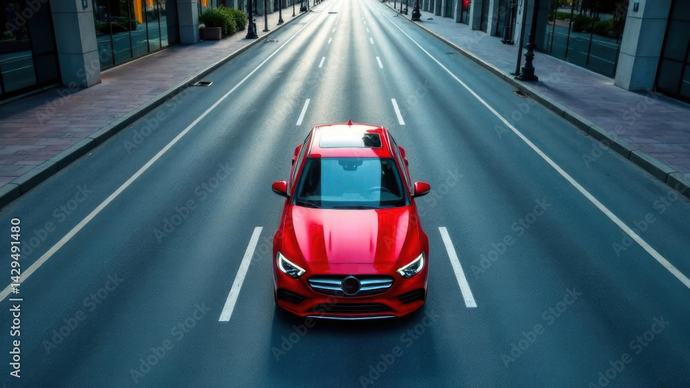 aerial view of modern red car driving on straight asphalt city road with copy space aerial view of modern red car driving on straight asphalt city road with copy space