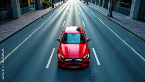 aerial view of modern red car driving on straight asphalt city road with copy space