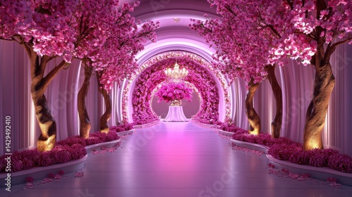 Luxury Pink Floral Hallway with Cherry Blossom Trees Leading to a Decorative Archway in a Grand Event Venue for Romantic Wedding and Gala Background