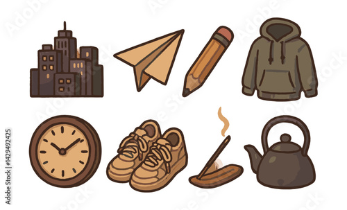 lo-fi icon set featuring everyday objects: buildings, apparel, and more