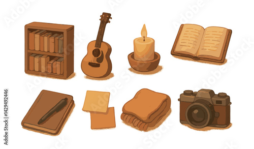 cozy creative space icons set: book, guitar, candle, notebook, camera, blanket, more