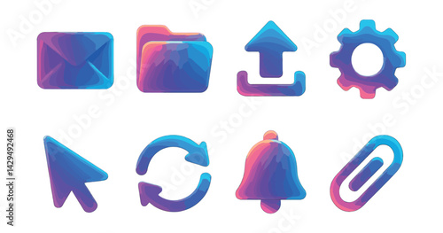 Vibrant  icons set: email, folder, upload, gear, cursor, refresh, bell, paperclip