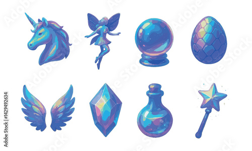 Magical  fantasy icons set featuring unicorns, fairies, and crystal balls