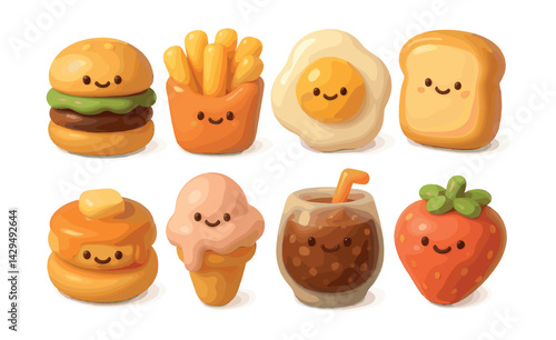 blobby food delights icons set: adorable burger, fries, egg, and more