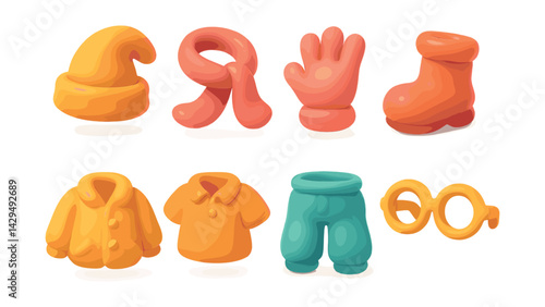 whimsical wardrobe icons set: hat, scarf, glove, boot, jacket, shirt, pants, glasses