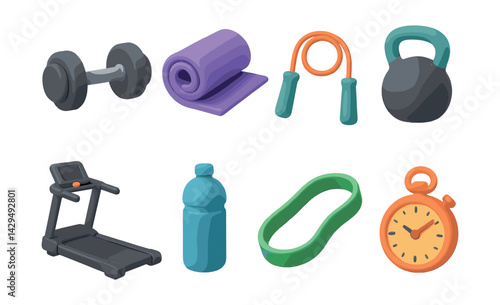 Vibrant  gym equipment icons set: weights, treadmill, jump rope, and more