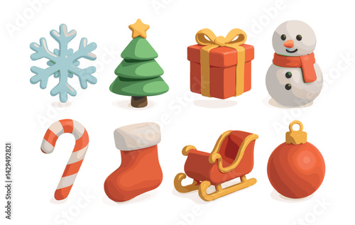 Festive  holiday icons set: snowflake, tree, gift, snowman, and more in vibrant style