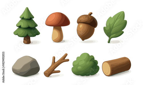 Explore  forest icons set: tree, mushroom, acorn, leaf, rock, stick, bush, log