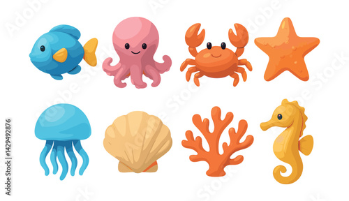 Playful underwater  icons set featuring marine creatures and sea life elements