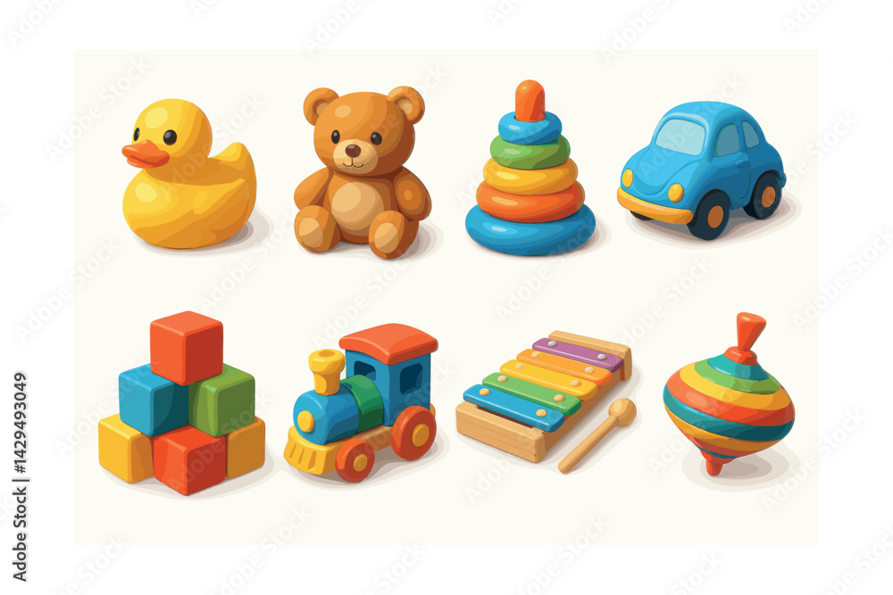 kids toy icons set: duck, bear, stacker, car, blocks, train, xylophone, top kids toy icons set: duck, bear, stacker, car, blocks, train, xylophone, top