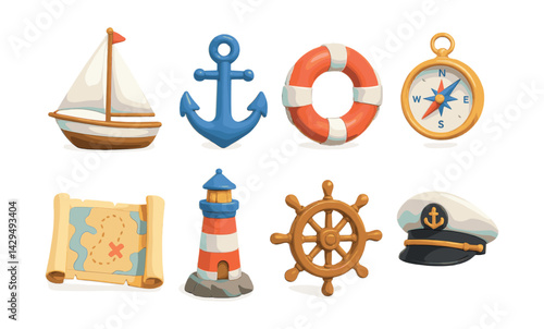 Explore the seas:  nautical icon set with boats, anchors, and more