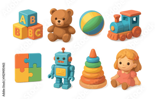 Charming  children's toy icons set: blocks, teddy, train, puzzle, bot, stack, doll