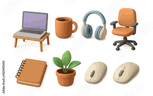 home office icons set: chair, laptop, mug, headphones, notebook, plant, mouse