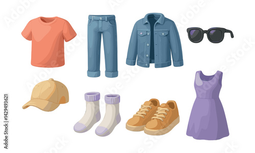 Stylish  clothing icons collection featuring shirts, pants, and accessories